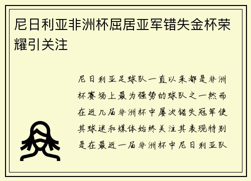 尼日利亚非洲杯屈居亚军错失金杯荣耀引关注