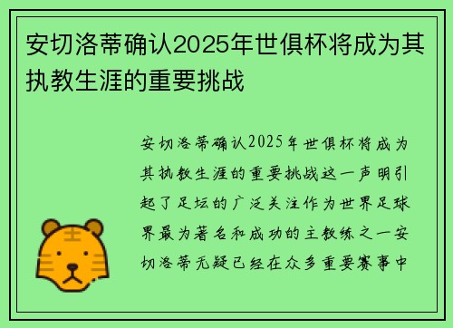 安切洛蒂确认2025年世俱杯将成为其执教生涯的重要挑战